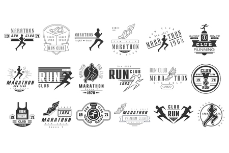 Vector set of monochrome for marathon or run club. Emblems with silhouettes of people and sports shoes. Running races. Design for t-shirt print, posterのイラスト素材