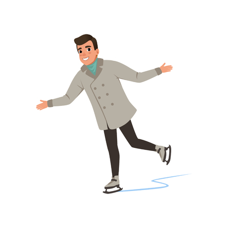 Smiling young man in warm clothes ice skating vector Illustration on a white backgroundのイラスト素材