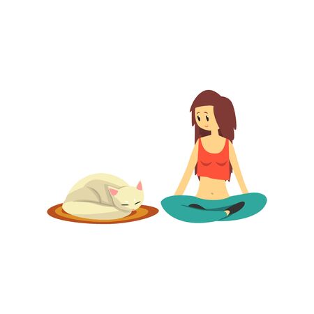 Young woman sitting on the floor in a lotus position and looking at her sleeping cat, cute pet with its owner vector Illustration on a white backgroundのイラスト素材