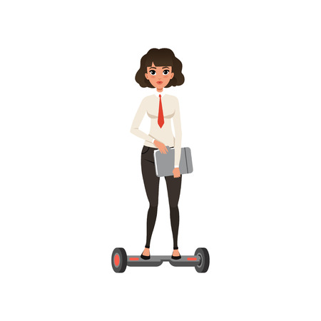 Business woman standing on self-balancing scooter and holding folder in hands. Modern transportation technology. Cartoon young girl. Flat vector designのイラスト素材