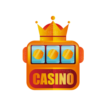 Retro logo design for casino. Slot machine with crown. Winning the jackpot. Game for money. Vector element for mobile appのイラスト素材
