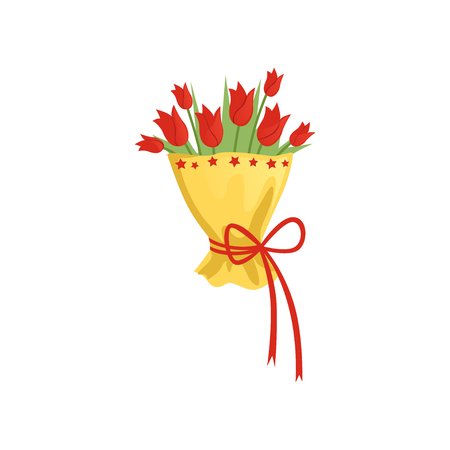 Bouquet of tulips in yellow wrap with red ribbon vector illustrationのイラスト素材