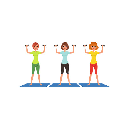 Three fitness women workout with dumbbells. Cute young girls in gym. Active lifestyle. Cartoon people in sportswear. Physical activity. Flat vector design.のイラスト素材