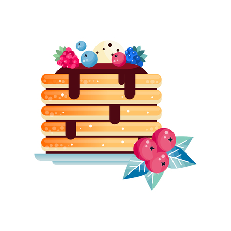 Stack of tasty pancakes topped with chocolate sauce, decorated with ball of ice-cream and fresh berries.のイラスト素材
