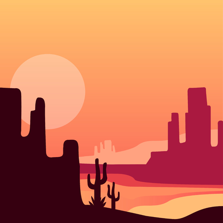 Sandy western desert with cacti and rocky mountains. Natural landscape with sunset or sunrise. Vector design for travel poster, print, mobile gameのイラスト素材