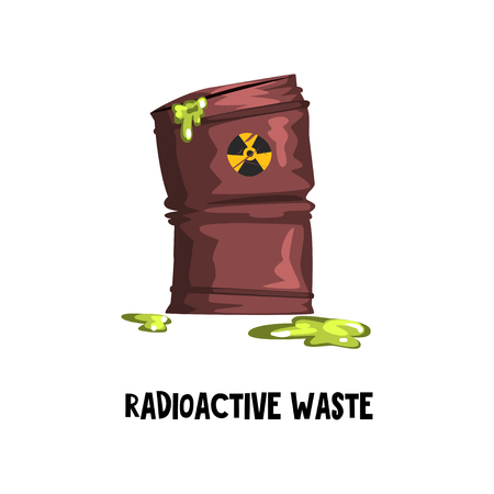 Dangerous radioactive waste. Rusty barrel with green toxic liquid. Environmental protection theme. Flat vector for poster or infographicのイラスト素材
