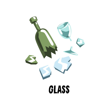 Glass garbage broken mirror, green bottle and wine goblet. Trash sorting. Flat vector illustration for concept about clean environmentのイラスト素材