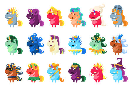 Magic unicorn big set, colorful unicorns with different emotions vector illustration on a white background.のイラスト素材