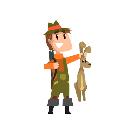 Male hunter with rifle holding hare, hobby or profession vector Illustration on a white backgroundのイラスト素材