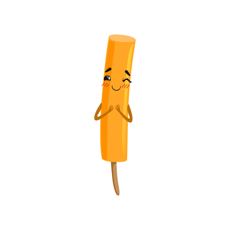 Lovely humanized ice-cream with  face winking eye. Cartoon character of frozen orange dessert with little hands on wooden stick. Flat vector designのイラスト素材
