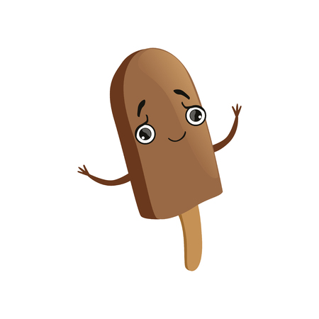 Humanized chocolate ice-cream on wooden stick with cute face. Cartoon character frozen snack with shiny eyes and little hands.のイラスト素材
