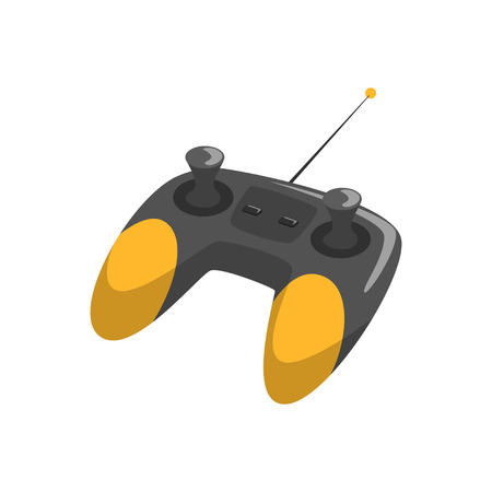 Black and yellow wireless joystick with antenna and different buttons. Cartoon flat vector icon of remote controller for quadcopterのイラスト素材