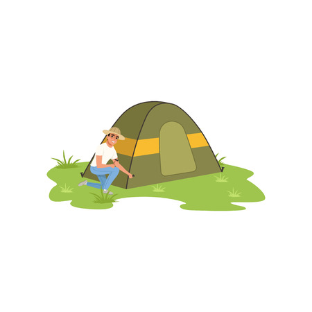 Smiling man sitting near tourist tent, traveling, camping and relaxing concept, summer vacations vector Illustration on a white backgroundのイラスト素材