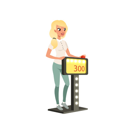 Young beautiful blonde woman taking part at quiz show, player answering questions standing at stand with button vector Illustration on a white backgroundのイラスト素材