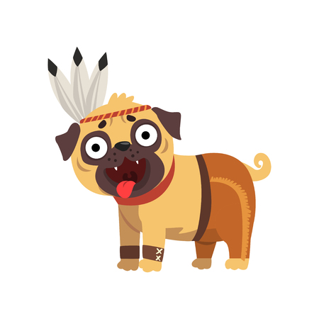 Funny pug dog character in American Indian costume vector Illustration on a white backgroundのイラスト素材