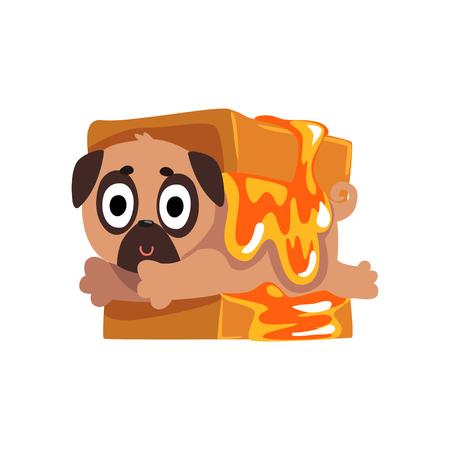 Cute funny pug dog character inside sandwich with cheese vector Illustration isolated on a white background.のイラスト素材
