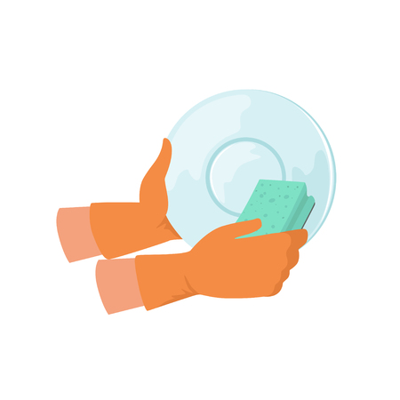 Hand washing dish with sponge, cleaning and housework concept vector Illustration on a white backgroundのイラスト素材
