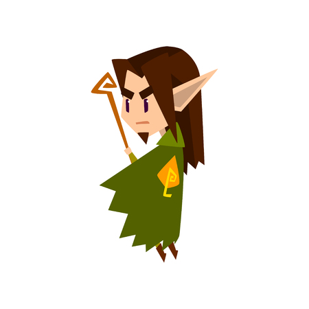 Forest elf boy in green clothes with wooden staff, cute fairytale magic character vector Illustration isolated on a white background.のイラスト素材