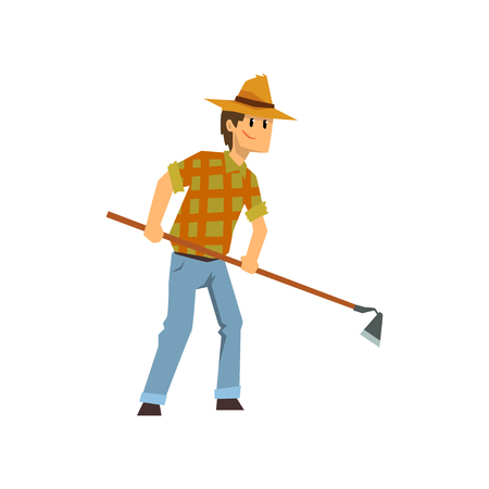 Male farmer working with hoe, farm worker with gardening tool vector Illustration isolated on a white background.のイラスト素材