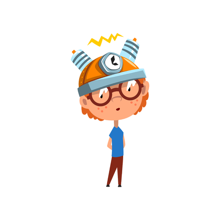 Cute kid with experimental equipment on his head, scientist boy character working on science experiment vector Illustration on a white backgroundのイラスト素材