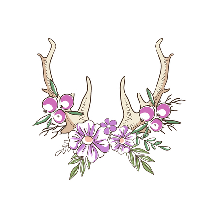 Deer horns with pink flowers and berries, hand drawn floral composition with antlers vector Illustration on a white backgroundのイラスト素材