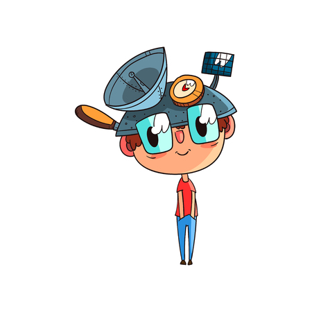 Cute scientist boy character working on physics science experiment, funny kid in fantastic headdress with antennas vector Illustration on a white backgroundのイラスト素材