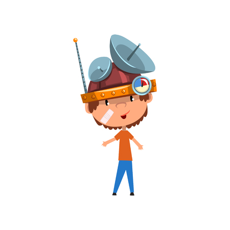 Cute kid in headdress with antennas measuring device, scientist boy character working on physics science experiment vector Illustration on a white backgroundのイラスト素材