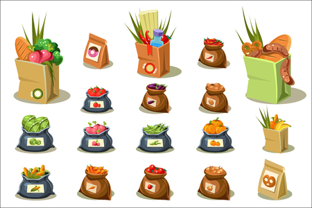 Set of farm products. Natural food. Bags full of fresh vegetables, fruits and tasty pastry. Graphic elements for promo banner or poster of grocery store. Colorful flat vector icons isolated on white.のイラスト素材