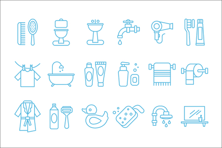 Collection of linear icons related to bathroom and personal hygiene. Toilet, sink, hairdryer, bathrobe, towel, shaving foam and razor, rubber duck, toothpaste and brush. Vector items isolated on whiteのイラスト素材