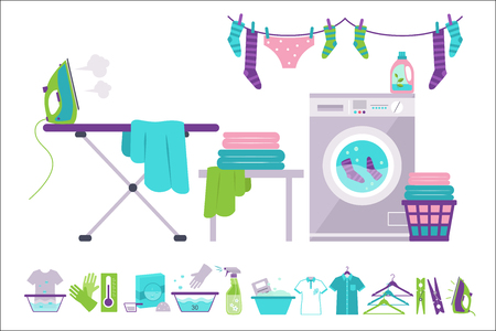 Laundry room, washing machine, basket, iron, ironing board, clothes drying, cleaning supplies vector Illustrations isolated on a white background.のイラスト素材