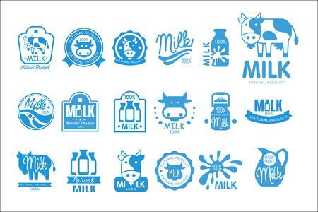 Milk natural product logo set, dairy product labels collection vector Illustrations isolated on a white background.のイラスト素材