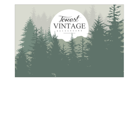 Illustration with silhouettes of wild coniferous trees and white circle with place for your text. Pine forest background. Abstract nature landscape in green color. Vintage style. Flat vector design.のイラスト素材