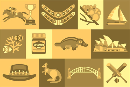 Set of Australian travel icons. Boomerang, koalas, vegemite, bridge, kangaroo, fishes, opera house, hat, platypus, cricket bats and ball, sail boat, horse race and trophy Isolated flat vector designのイラスト素材
