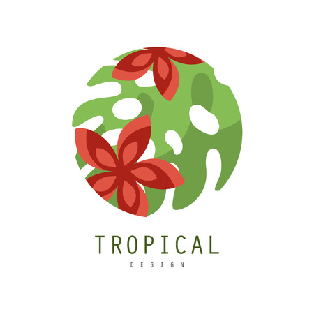 Tropical logo design, round geometric badge with palm leaf and red flowers vector Illustration on a white backgroundのイラスト素材