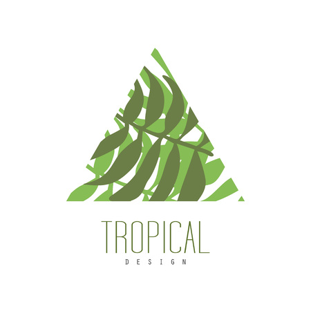Tropical logo design, triangle badge with palm leaves vector Illustration isolated on a white background.のイラスト素材