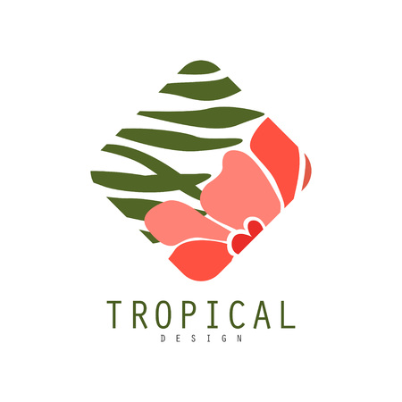 Tropical template design, geometric badge with green leaves and red flowers vector Illustration on a white background.のイラスト素材