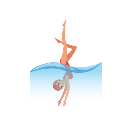 Woman in red swimsuit diving into the water, water sport activity vector Illustration on a white backgroundのイラスト素材