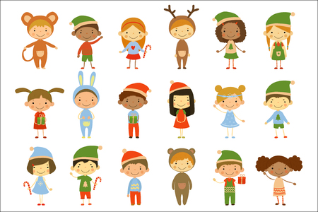 Cute little kids wearing Christmas costumes set vector Illustrations isolated on a white background.のイラスト素材