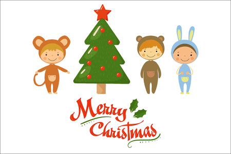 Cartoon kids characters in carnival costumes standing near green holiday tree. Merry Christmas theme. Design for party invitation or greeting card. Colorful flat vector illustration isolated on white.のイラスト素材