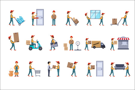 Flat vector set of illustrations for delivery concept. Loaders with parcels, man carrying cardboard boxes, guy on scooter, courier and customerのイラスト素材