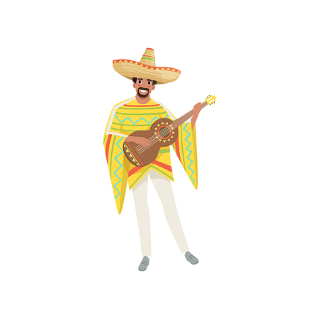 Mexican musician in traditional national clothes with guitar vector Illustration isolated on a white background.のイラスト素材
