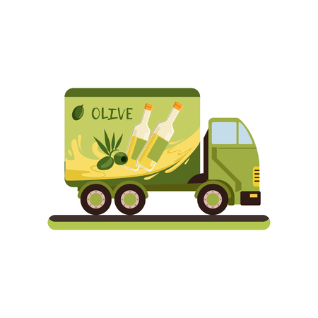 Olive oil delivery service truck vector Illustration isolated on a white background.のイラスト素材