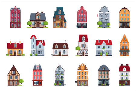 Old European houses facade set, colorful houses of different architectural styles vector Illustrations on a white backgroundのイラスト素材
