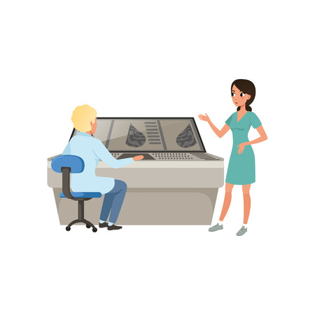 Doctors discussing the results of a medical examination, mammogram information, diagnosis of breast cancer vector Illustration on a white backgroundのイラスト素材