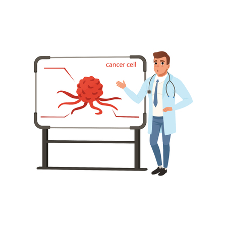 Young oncologist doctor giving presentation about cancer cell vector Illustration on a white backgroundのイラスト素材