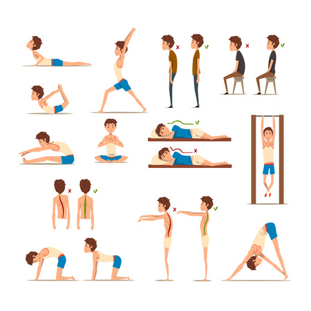 Teen boy doing exercises set, correct and wrong spine posture.のイラスト素材