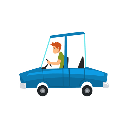 Man driving blue car, side view vector Illustration isolated on a white background.のイラスト素材