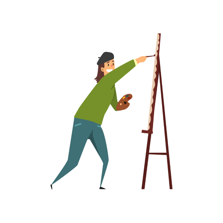 Man artist character in black beret drawing on an easel with paints, hobby or profession concept cartoon vector Illustration on a white backgroundのイラスト素材