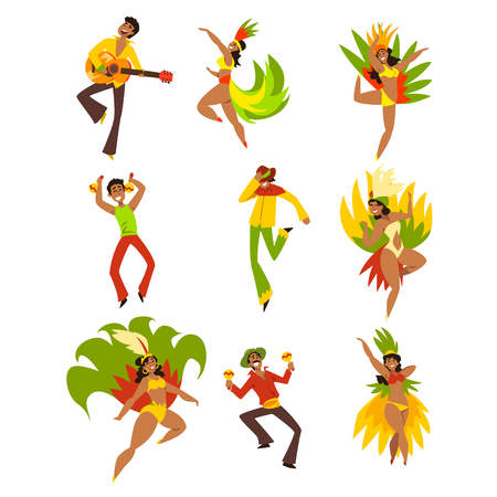 People dancing and playing music, Brazil carnival, dancing men and women in bright costumes vector Illustrations on a white backgroundのイラスト素材