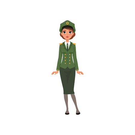 Beautiful brunette woman in formal military uniform: green jacket, skirt and peaked cap. Officer of armed forces. Flat vector designのイラスト素材